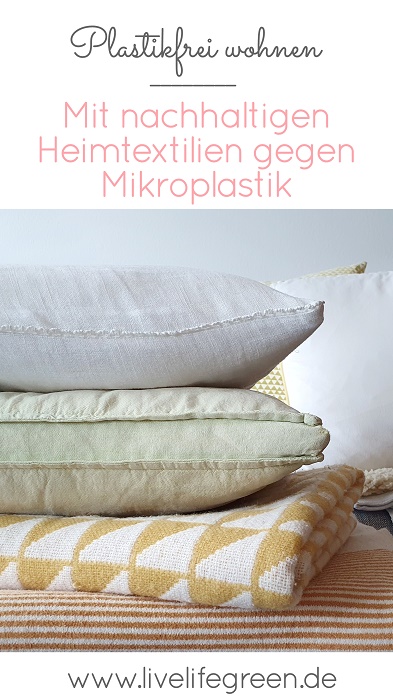 Pinterest-Pin: Natürlich und plastikfrei wohnen mit Heimtextilien aus Naturfasern