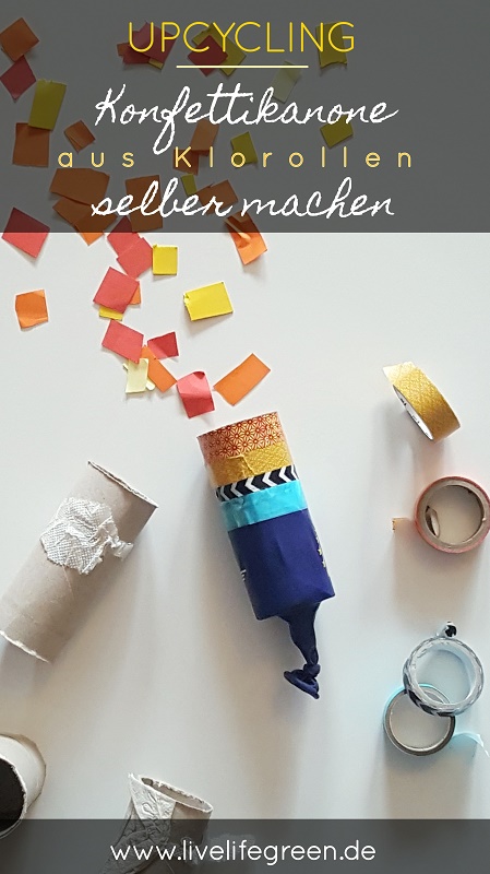 Selbstgemachte und nachhaltige Konfettikanonen aus einer alten Klorolle, einem alten Luftballon und buntem Tape.